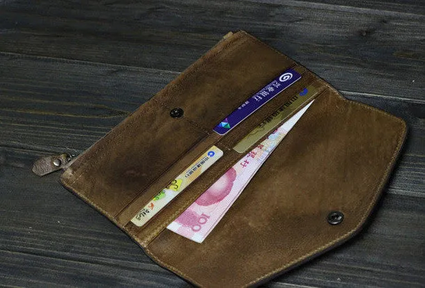 Handmade Men long leather wallet clutch men envelop vintage gray brown wallet for him
