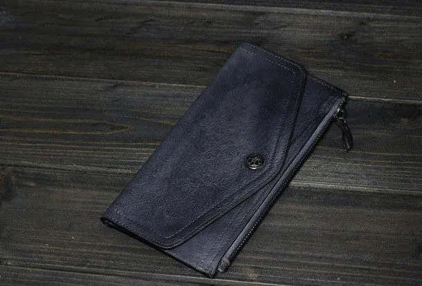 Handmade Men long leather wallet clutch men envelop vintage gray brown wallet for him