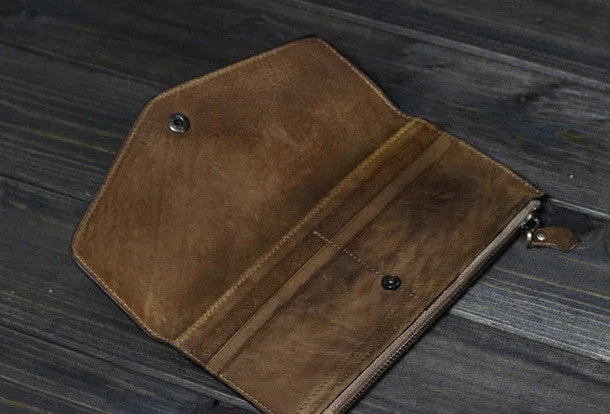 Handmade Men long leather wallet clutch men envelop vintage gray brown wallet for him
