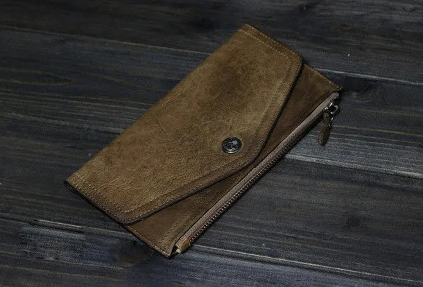 Handmade Men long leather wallet clutch men envelop vintage gray brown wallet for him