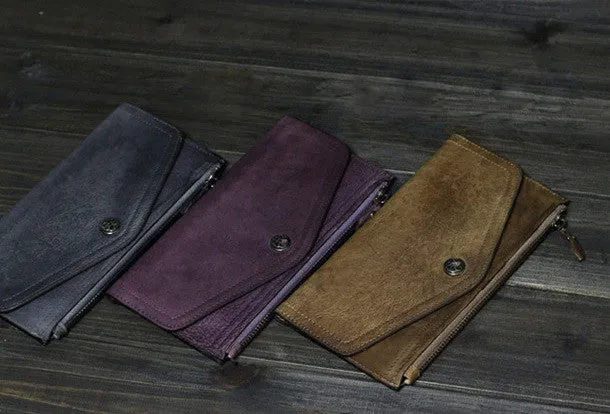 Handmade Men long leather wallet clutch men envelop vintage gray brown wallet for him