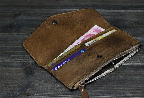 Handmade Men long leather wallet clutch men envelop vintage gray brown wallet for him