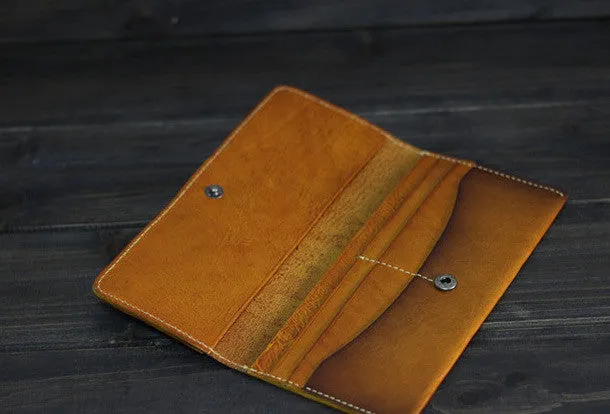 Handmade Men long leather wallet men vintage brown coffee tan wine wallet for him