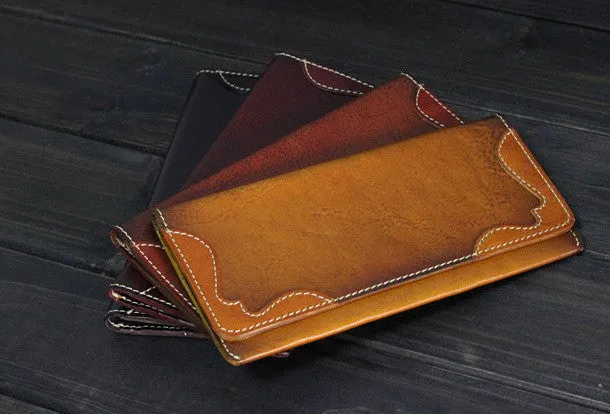 Handmade Men long leather wallet men vintage brown coffee tan wine wallet for him