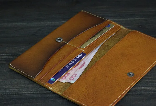 Handmade Men long leather wallet men vintage brown coffee tan wine wallet for him