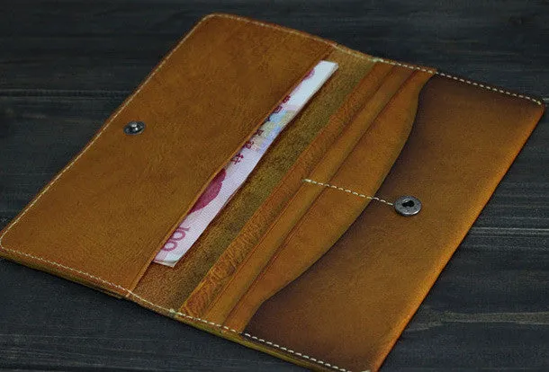 Handmade Men long leather wallet men vintage brown coffee tan wine wallet for him