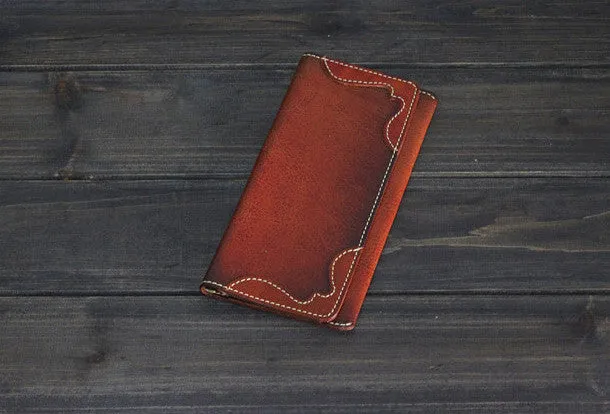 Handmade Men long leather wallet men vintage brown coffee tan wine wallet for him