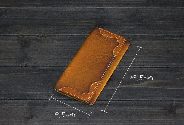 Handmade Men long leather wallet men vintage brown coffee tan wine wallet for him