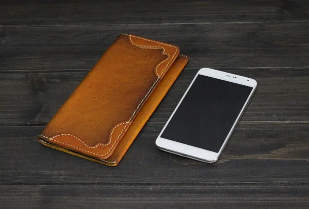 Handmade Men long leather wallet men vintage brown coffee tan wine wallet for him