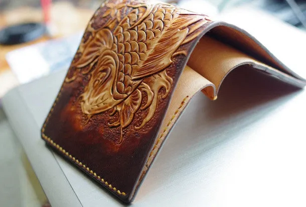 Handmade men wallet vintage hand carved flower&Cryprinus carpiod leather billfold wallet for men
