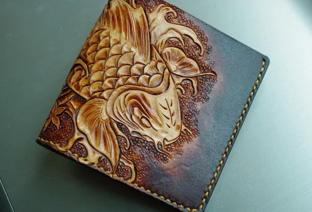 Handmade men wallet vintage hand carved flower&Cryprinus carpiod leather billfold wallet for men