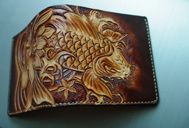 Handmade men wallet vintage hand carved flower&Cryprinus carpiod leather billfold wallet for men
