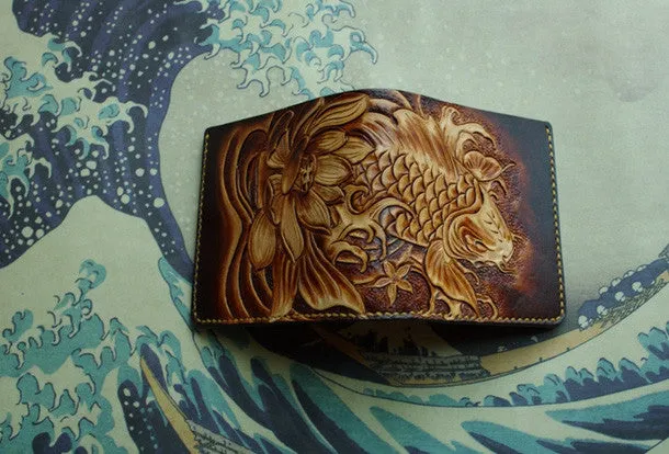 Handmade men wallet vintage hand carved flower&Cryprinus carpiod leather billfold wallet for men