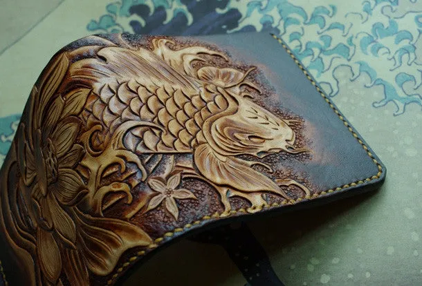 Handmade men wallet vintage hand carved flower&Cryprinus carpiod leather billfold wallet for men