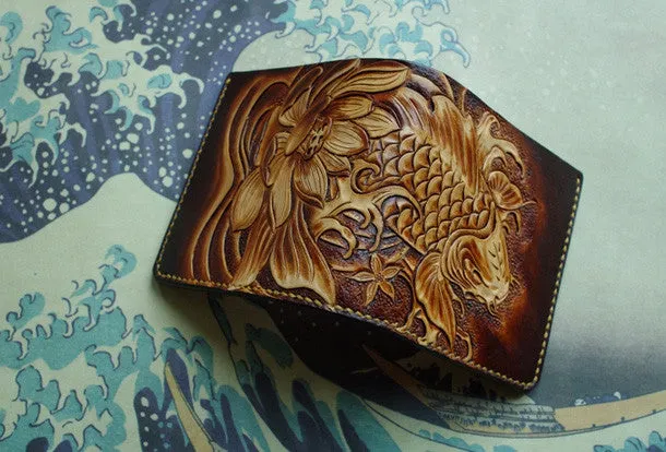 Handmade men wallet vintage hand carved flower&Cryprinus carpiod leather billfold wallet for men
