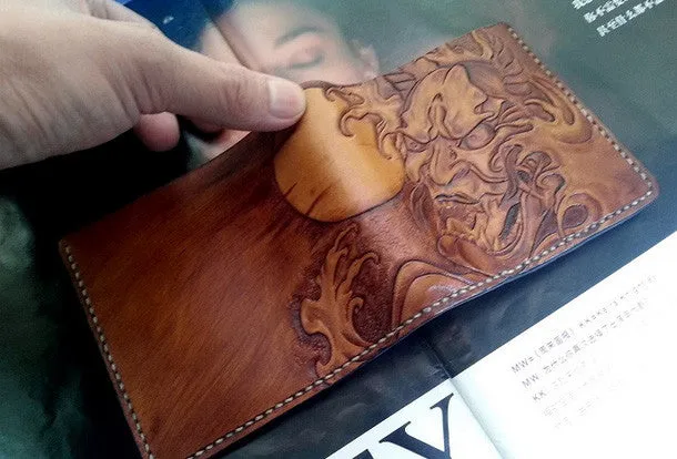 Handmade men wallet vintage hand carved prajna ghost leather billfold wallet for men