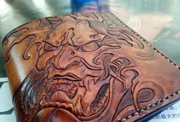 Handmade men wallet vintage hand carved prajna ghost leather billfold wallet for men