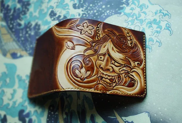 Handmade men wallet vintage hand carved prajna ghost leather billfold wallet for men