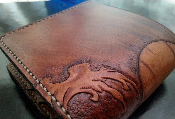 Handmade men wallet vintage hand carved prajna ghost leather billfold wallet for men
