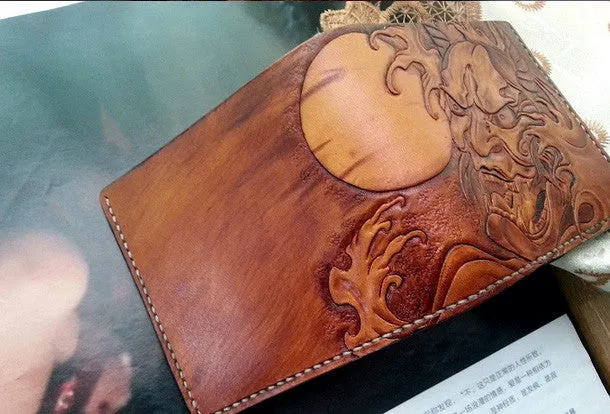 Handmade men wallet vintage hand carved prajna ghost leather billfold wallet for men
