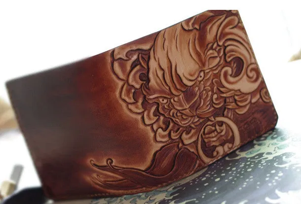 Handmade men wallet vintage hand painting chinese lion leather billfold wallet for men