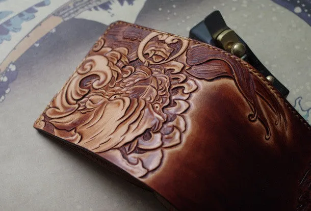 Handmade men wallet vintage hand painting chinese lion leather billfold wallet for men