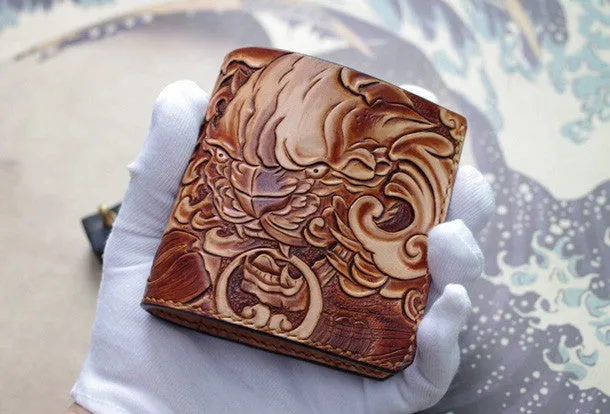 Handmade men wallet vintage hand painting chinese lion leather billfold wallet for men
