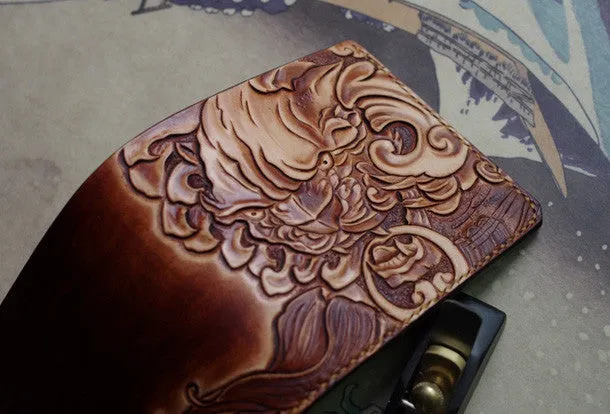 Handmade men wallet vintage hand painting chinese lion leather billfold wallet for men