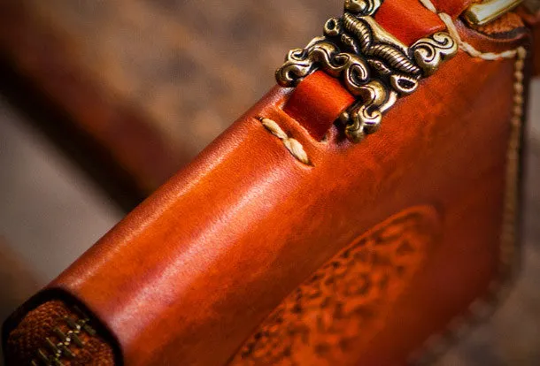 Handmade mens leather biker chain wallet zipper billfold leather chain wallets for men