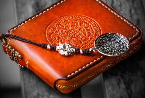 Handmade mens leather biker chain wallet zipper billfold leather chain wallets for men