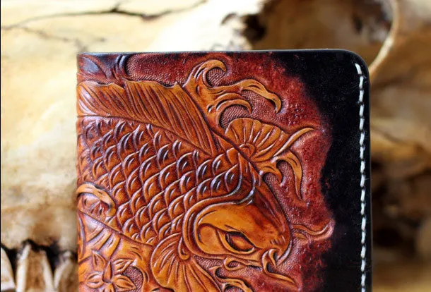Handmade mens leather Tooled Small wallet carp lotus billfold wallet for men
