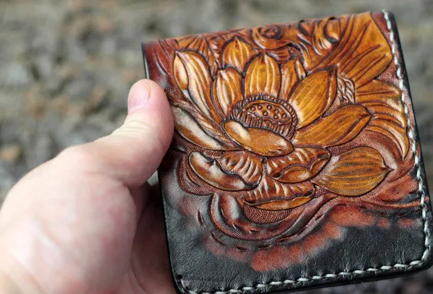 Handmade mens leather Tooled Small wallet carp lotus billfold wallet for men