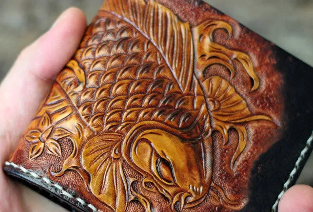 Handmade mens leather Tooled Small wallet carp lotus billfold wallet for men