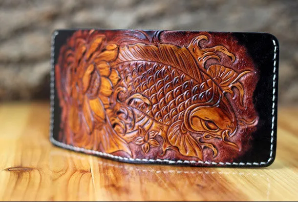 Handmade mens leather Tooled Small wallet carp lotus billfold wallet for men
