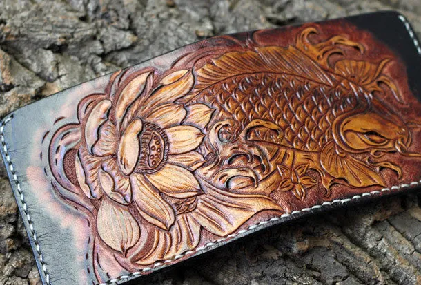 Handmade mens leather Tooled Small wallet carp lotus billfold wallet for men