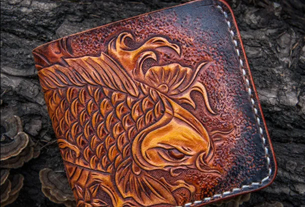 Handmade mens leather Tooled Small wallet carp lotus billfold wallet for men