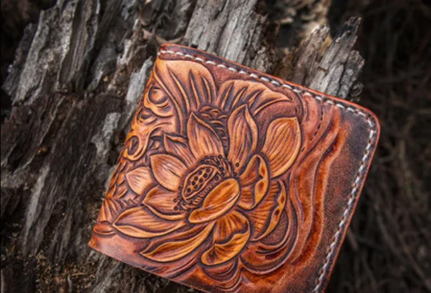 Handmade mens leather Tooled Small wallet carp lotus billfold wallet for men