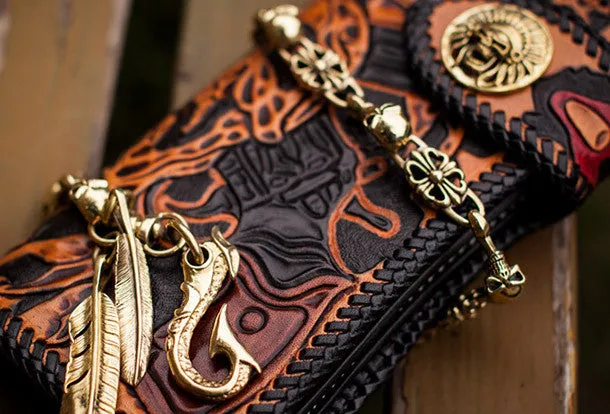 Handmade orange black coffee leather skull guns carved biker wallet Long wallet for men