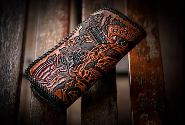 Handmade orange black coffee leather skull guns carved biker wallet Long wallet for men