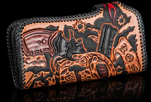 Handmade orange black coffee leather skull guns carved biker wallet Long wallet for men