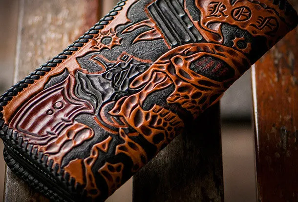 Handmade orange black coffee leather skull guns carved biker wallet Long wallet for men