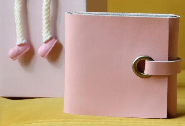 Handmade pink vintage leather billfold ID card photo holder bifold wallet for women girl