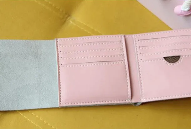 Handmade pink vintage leather billfold ID card photo holder bifold wallet for women girl
