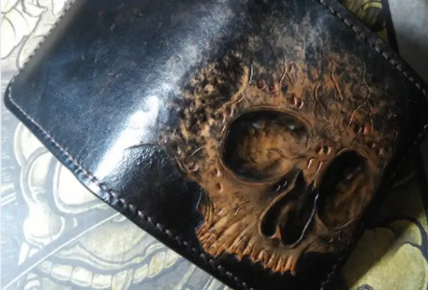 Handmade skull small leather wallet men tooled cool billfold wallet for him