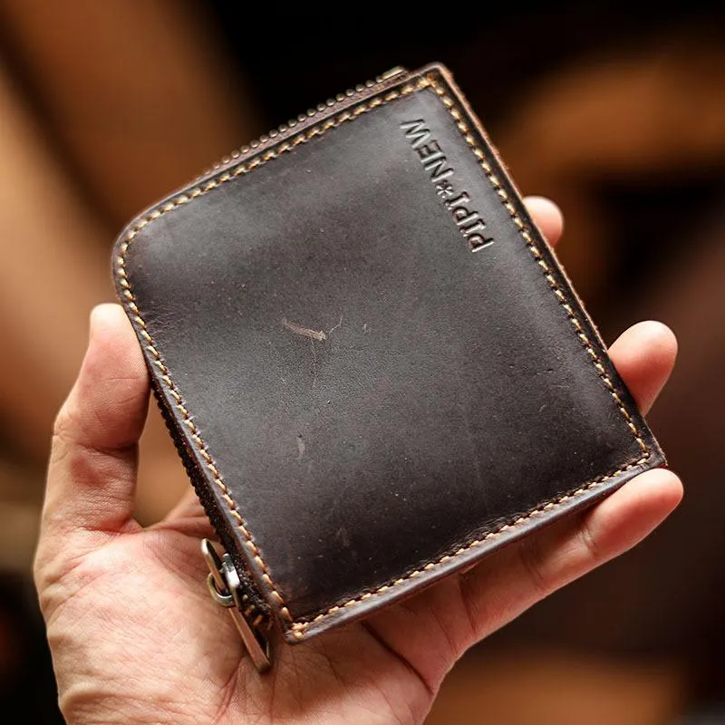 Handmade Slim Black Leather Mens billfold Wallet Zipper Small Wallet Front Pocket Wallet For Men