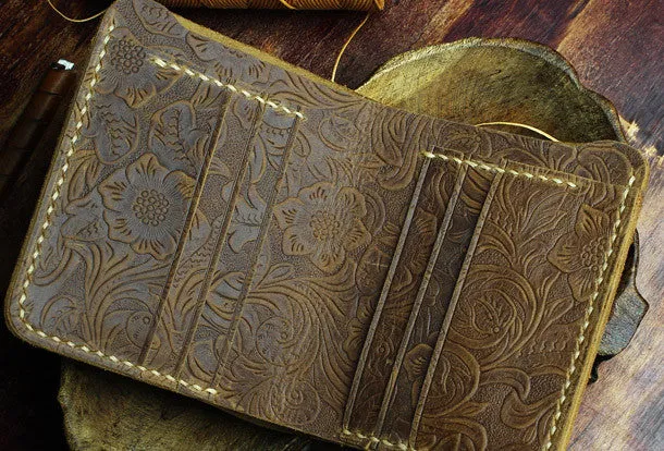 Handmade small leather wallet flowral leather billfold wallet for men women