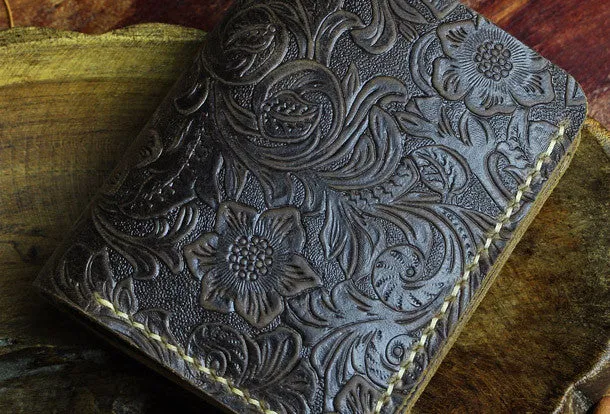 Handmade small leather wallet flowral leather billfold wallet for men women