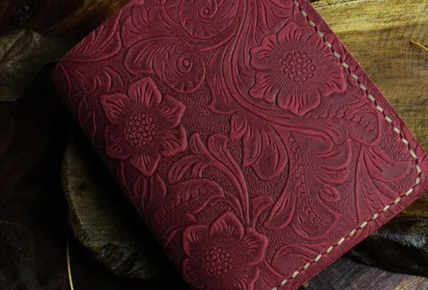 Handmade small leather wallet flowral leather billfold wallet for men women