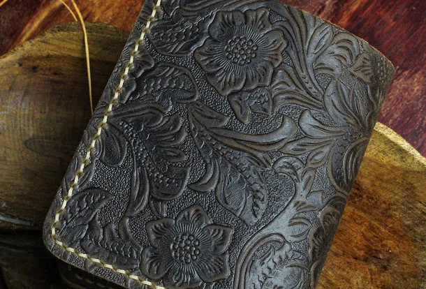Handmade small leather wallet flowral leather billfold wallet for men women