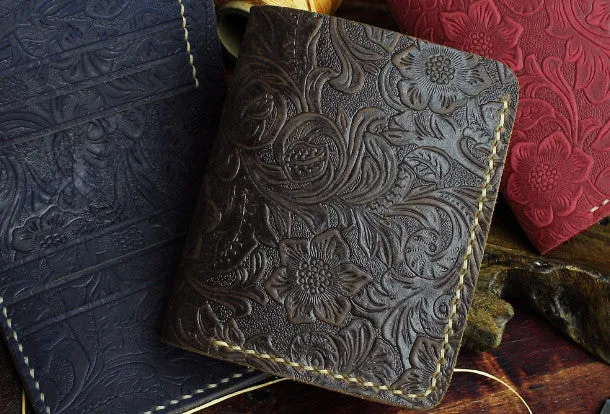 Handmade small leather wallet flowral leather billfold wallet for men women